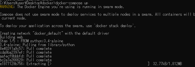 "docker-compose up"でコンテナを起動