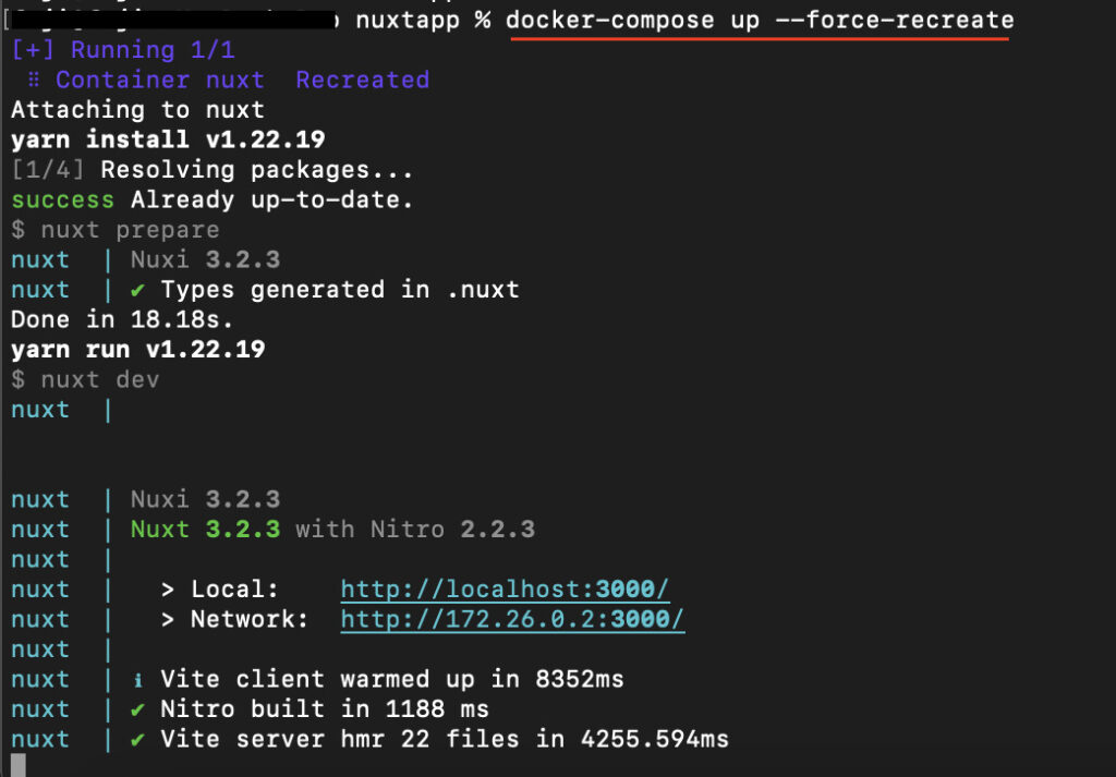 docker-compose up --force-recreateコマンドを実行